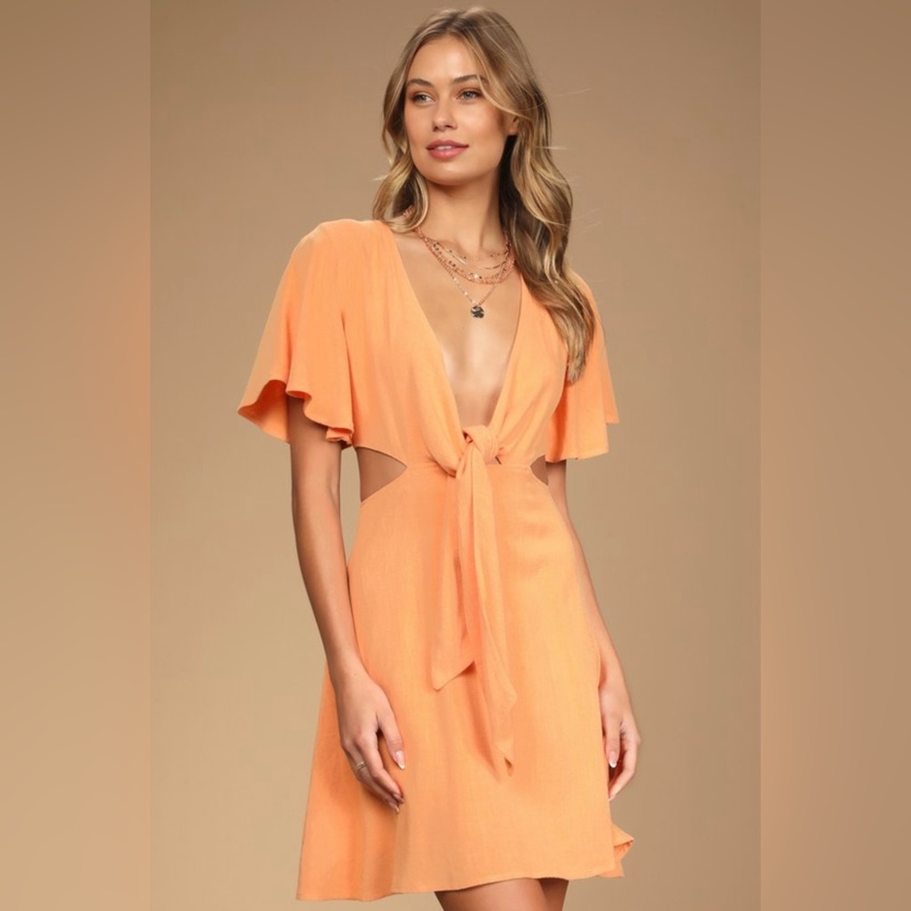 Lulus Perfect Day for Love Peach Cutout Tie-Front Mini Dress New with Tags